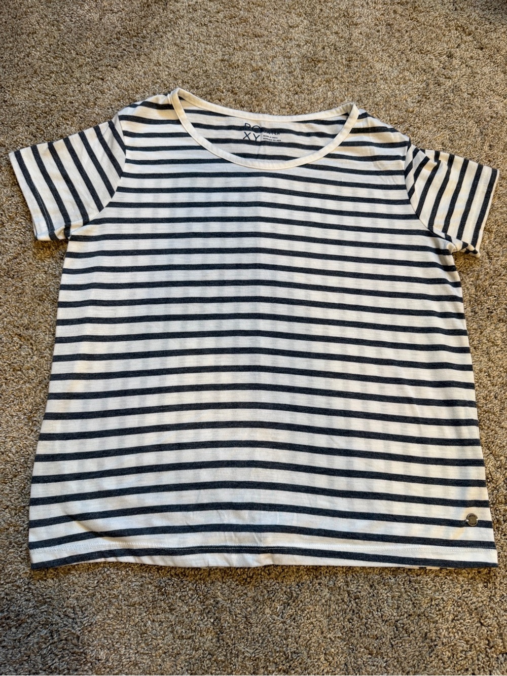Roxy White and Navy Striped Crewneck Tee